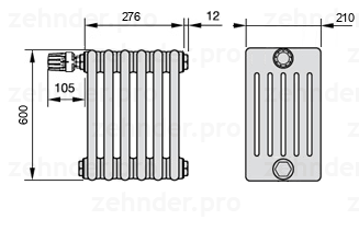 Схема (чертеж) Радиатор Zehnder Charleston 6060/6 №V011 Белый глянцевый RAL 9016